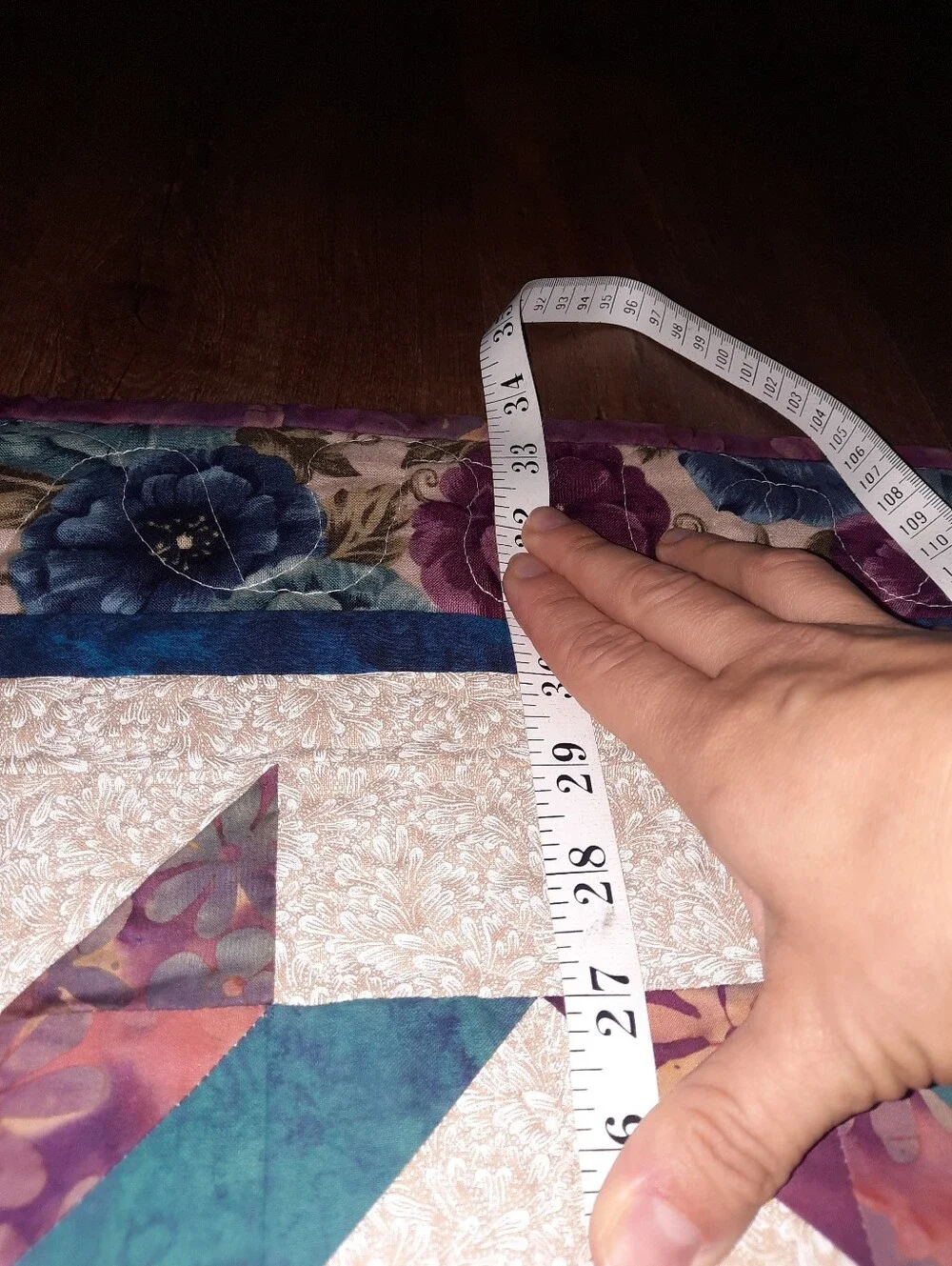 Handmade  Patchwork Wall Quilt in Teal, Purple, and Cream